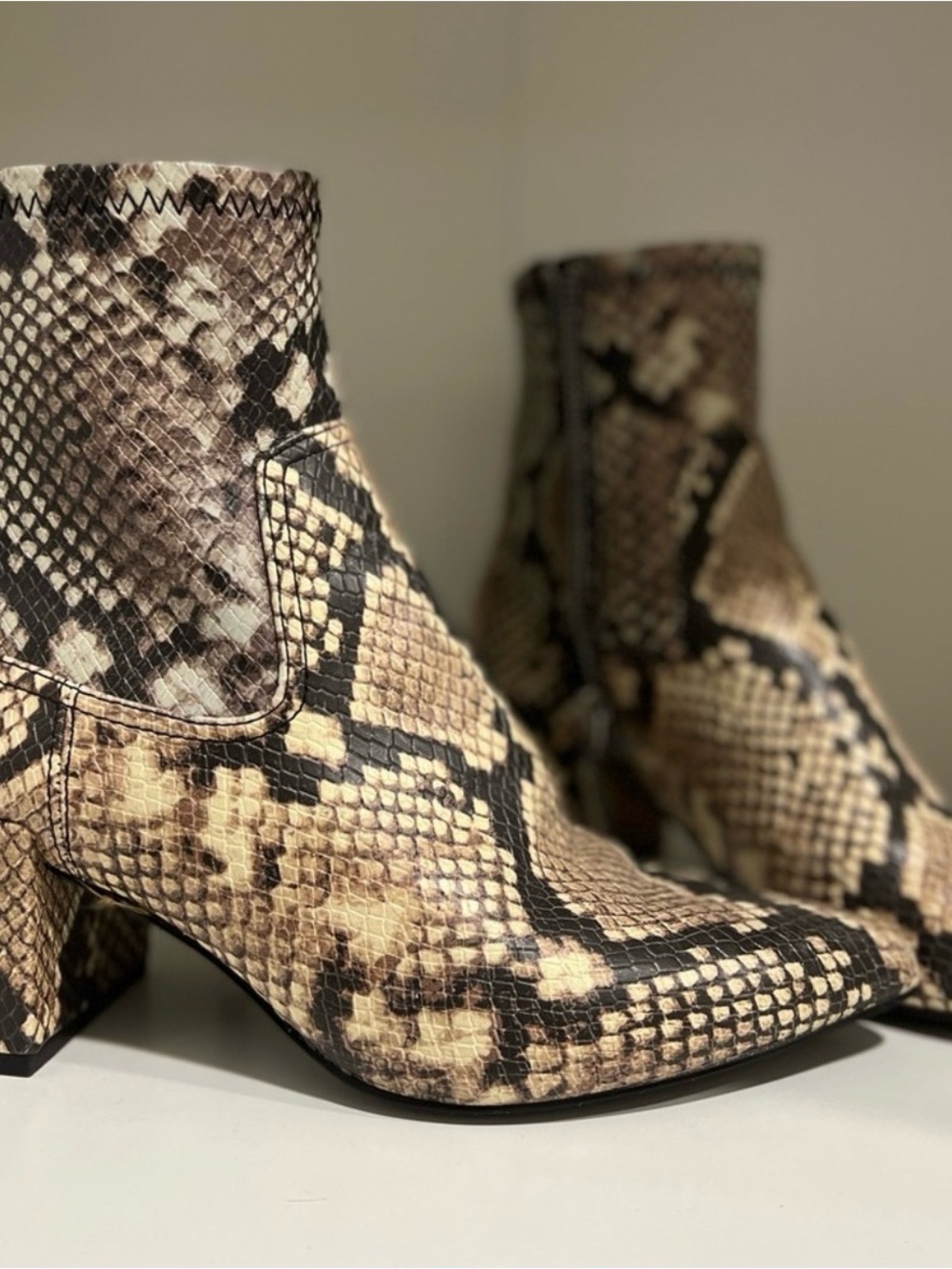 Aldo Snake-Print Ankle Boots — Beige and Black